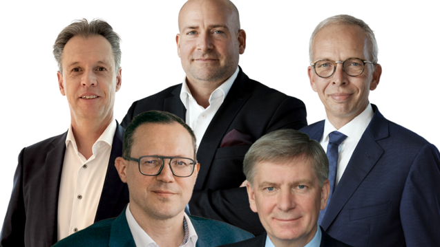 Lars Polap (l.) kehrt als Vorstand zu Noventi zurück. Mark Böhm (oben Mitte) wird CEO, Frank Steimel (r.) stellvertretender Vorstandschef. Andreas Buck und Herbert Pfennig (vorne) freuen sich. (Foto: Noventi)