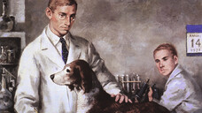 Frederick Banting (links) und Charles Best mit der Hündin Marjorie, bei der sie künstlich einen Diabetes erzeugt hatten. Das Tier überlebte längere Zeit mit einem Insulin-haltigen Extrakt aus Kälberföten. (Bild: picture alliance / Courtesy Everett Collection)