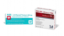 1 A Pharma: Links das neue Design von ASS protect, rechts das alte von ASS. (Foto: 1 A Pharma / Montage DAZ.online)